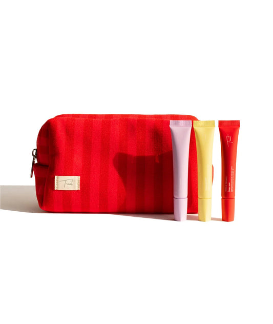 Summer Set — striped red pouch with three lip treatments